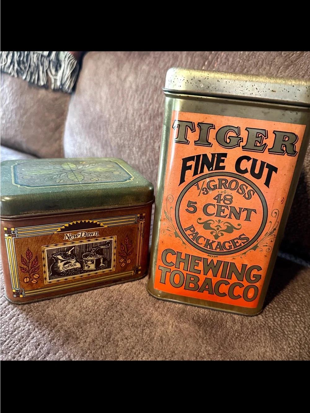 Vintage Bright Tiger Chewing Tobacco & New Dawn Colombian Coffee Tin Canisters